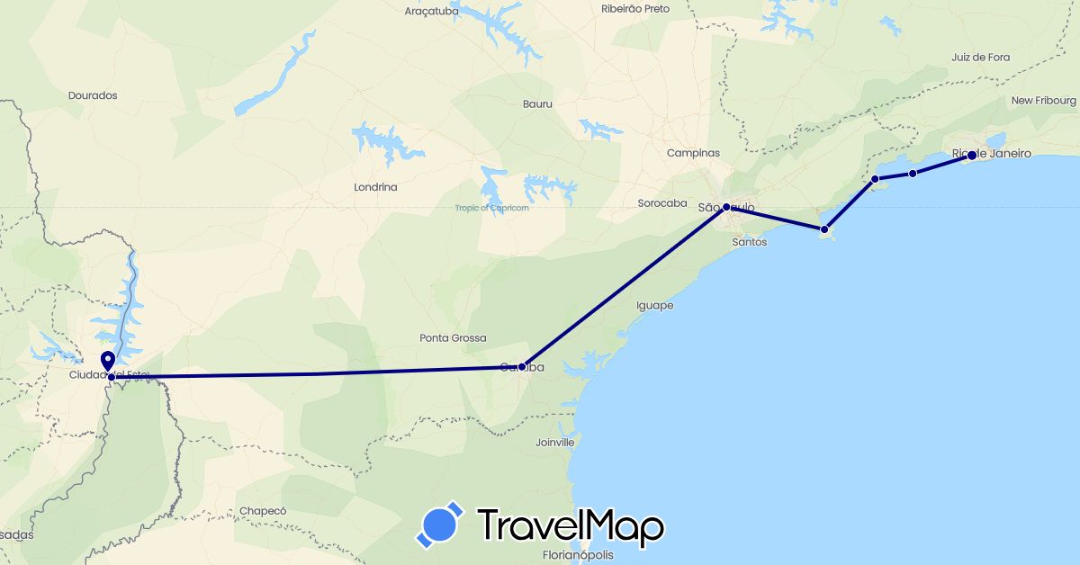 TravelMap itinerary: driving in Brazil, Paraguay (South America)